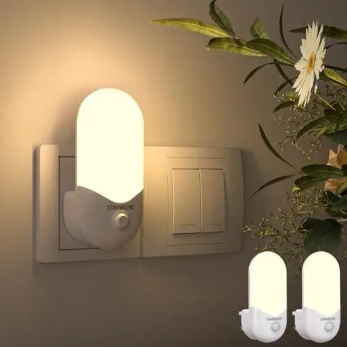 Produktbild: STANBOW 2 Stück Nachtlicht Steckdose mit Dämmerungssensor, Nachtlicht mit Bewegungsmelder, LED Nachtlampe Kinder für Kinderzimmer, Treppen, Gang, Schlafzimmer, Küche, Badezimmer, WarmWeiß