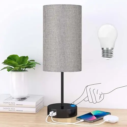 Produktbild: STANBOW Nachttischlampe Touch Dimmbar, Tischlampe mit USB A+C Ladeanschlüssen, Leinen-Lampenschirm, Kleine Lampe für Schlafzimmer, Wohnzimmer