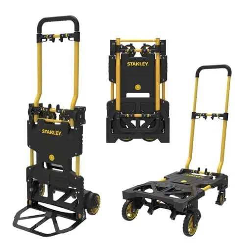 Produktbild: Stanley 2-in-1 Sackkarre und Transportkarre SXWTD-FT585 - Klappbar mit Tragkraft 137 KG - Multifunktional für Lagerung und Treppen - Faltbar, Gelb/Schwarz