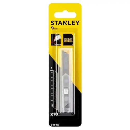 Produktbild: Stanley Abbrechklingen für Cuttermesser 1-11-300 (9 mm, gerade Schneide mit 12 abbrechbaren Segmenten, 0,55 mm Schneidstärke, 110 mm Klingenlänge, 10 Spender á 10 Stück), Silber
