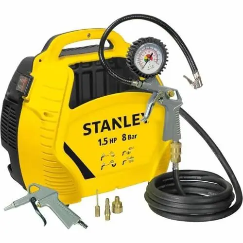 Produktbild: Stanley Kompressor 8 Bar - Ölfreier Luftkompressor mit Druckluftwerkzeug - Druckluft Zubehör inkl. 3 m Luftschlauch, Druckluftpistole mit Manometer und 3 Düsen - Gelb