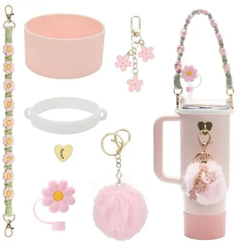 Produktbild: Stanley Cup Zubehör Set, 7 Stück Stanley Cup Accessories enthält 1 Strohhalm Abdeckung 1 Bottom Protector 1 Plüschball 1 Blumenkette 1 Herzhaken 1 Wasserflasche Griff Riemen für Stanley Cup