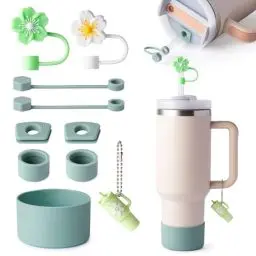 Produktbild: linmaya Stanley Cup Zubehör Set, enthält 6 Silikon Spill Proof Stopper, 2 10mm Strohhalm Abdeckung, 1 Griff Charme,1 Bodenschutz Fits für Stanley Cup kompatibel mit Hydro Flask (Matcha Green)
