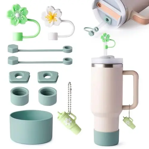 Produktbild: linmaya Stanley Cup Zubehör Set, enthält 6 Silikon Spill Proof Stopper, 2 10mm Strohhalm Abdeckung, 1 Griff Charme,1 Bodenschutz Fits für Stanley Cup kompatibel mit Hydro Flask (Matcha Green)