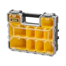 Produktbild: STANLEY FATMAX Profi Werkzeug-Organizer (45 x 12 x 36 cm, tiefe Fächer, mit transparentem, schlagfestem Deckel, integriertem Griff & Kunststoffschließen, 10 herausnehmbare Boxen) 1-97-521