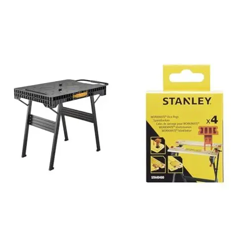 Produktbild: Stanley FatMax klappbare Werkbank (bis 455kg belastbar) FMST1-75672 & STA40400-XJ Spannelement (zum Befestigen an der Werkbank, kompatibel mit Black+Decker Workmate WM100, WM825, 4 Stück)