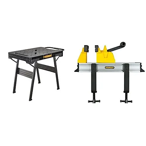 Produktbild: Stanley FatMax klappbare Werkbank (bis 455kg belastbar, mit Metallbeinen für höchste Stabilität, große Arbeitsfläche, mit praktischem Tragegriff, für schnellen Aufbau) & Schnelle Schraubstock