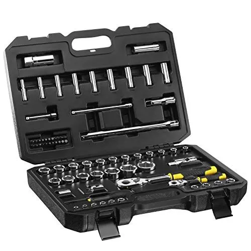 Produktbild: Stanley Fatmax Steckschlüssel-Set (72-teilig, ½“ und ¼“, 6-Kant, im Koffer mit Metalllaschen, für vielfältige Schraubarbeiten im Haus, der Werkstatt oder am Auto, Motorrad und Fahrrad) STMT82831-1