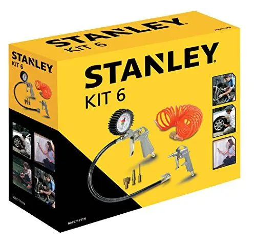 Produktbild: Stanley Pneumatisches Werkzeugset 9045717STN - Kompressor Zubehör - Druckluftpistole, Reifenfüller und Spiralschlauch 5M - Druckluftwerkzeuge Set für Autozubehör - Silber/Orange