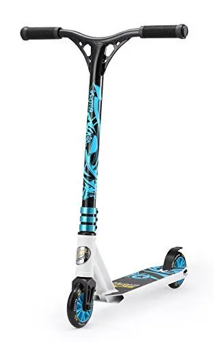 Produktbild: STAR SCOOTER Pro Sport Freestyle Stunt Scooter Kickscooter Roller Mini für Kinder ab 5 Jahre 110mm Einsteiger/Fortgeschritten Stuntscooter Alu HIC Kompression Action Weiß & Blau