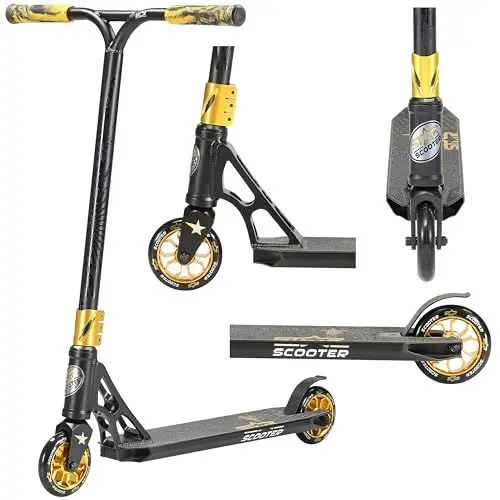 Produktbild: STAR SCOOTER Professional Freestyle Kick Stunt Scooter ab 8 Jahre | 110mm ABEC-9 Lager Alu Kinder City Roller mit HIC für Fortgeschrittene | Schwarz Gold