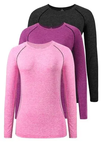 Produktbild: Star Vibe 3 Stücke Longsleeve Damen Tshirt Langarm Sport Shirts Langarmshirts Funktionsshirt Black/Rose/Pink XL