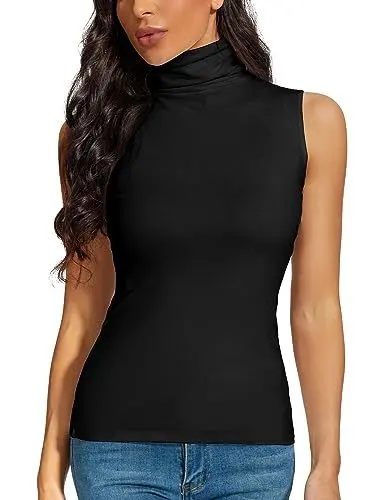 Produktbild: STARBILD Damen Top Rollkragen Ärmerlos Basic Slim Fit Weich Stretch Weste Einfarbig Shirt Sommer Schwarz L