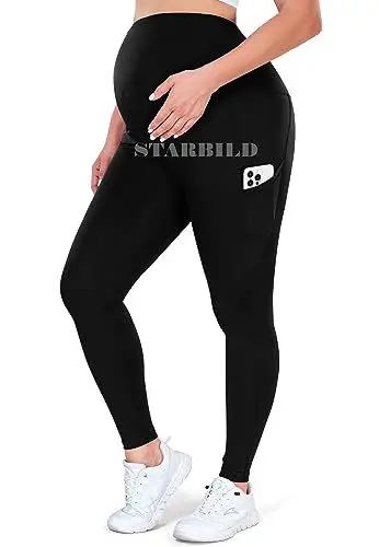Produktbild: STARBILD Umstandsleggings mit Taschen über dem Bauch, Blickdichte Lange Umstandshose, Nicht Durchsichtig Umstandsmode für Schwangere, N9940 Tasche Schwarz S