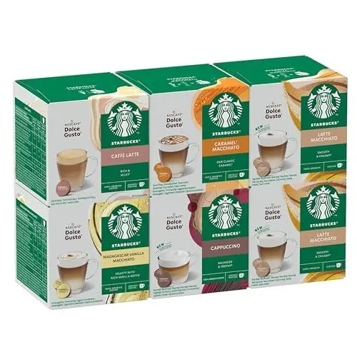 Produktbild: STARBUCKS Probierset, White Cup Variety Pack by Nescafé Dolce Gusto Kaffeekapseln 6 x 12 (72 Kapseln) - Exklusiv bei Amazon