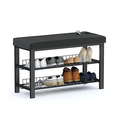 Produktbild: stardis stabiles Schuhregal mit Sitzbank platzsparende Schuhbank mit 2 Gitterablagen 81x50x32 cm, formschöner Schuhschrank für Flur, Wohn- und Schlafzimmer mit Schutz gegen Bodenkratzer (schwarz)