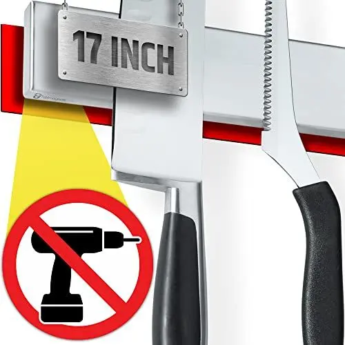 Produktbild: Starker selbstklebender (kein Bohren) Magnetleiste Messer für die Wand - Premium 43 cm messerleiste magnetisch - Keine Schrauben notwendig - Selbstklebende Rückseite (Aktualisierte Version)