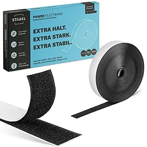 Produktbild: STARKL® Klettband Selbstklebend - BPA Frei - 5m x 20mm - Klettverschluss selbstklebend Schwarz - Klettband - Klettband selbstklebend Extra Stark