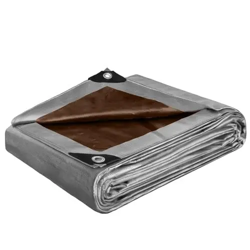 Produktbild: STARPYNG Abdeckplane wasserdichte,140g/m², strapazierfähige Poly-Planenabdeckung Geeignet für verstärkte Kanten von Dächern, Camping, Terrassen, Schwimmbädern(Braunes Silber, 3.66x3.66M(12'x12'))