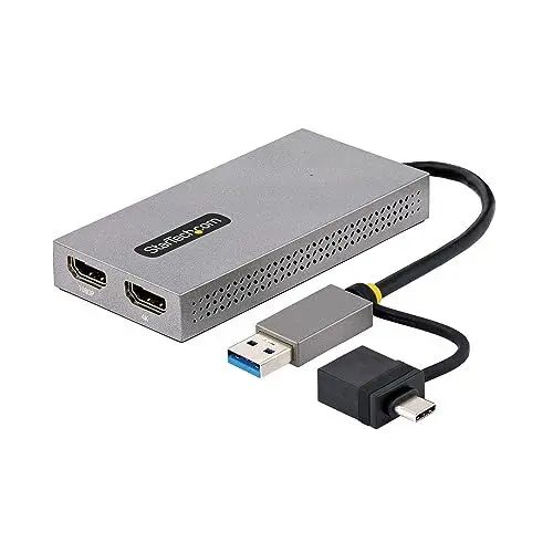 Produktbild: StarTech.com USB HDMI Dual Monitor Adapter, USB A/C auf 2x HDMI (1x 4K30Hz, 1x 1080p), externe grafikkarte, 11cm Kabel, USB 3.0 zu HDMI Bildschirm Adapter, Windows, Chrome OS & macOS (107B-USB-HDMI)