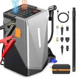 Produktbild: Starthilfe Powerbank mit 150PSI Kompressor, 3000A Auto Starthilfe für 12V Fahrzeuge (Bis zu 10L Benzin/8L Diesel), 6-in-1 Tragbare Starter Powerbank mit Starthilfekabel/LED Taschenlampe/USB Ausgänge