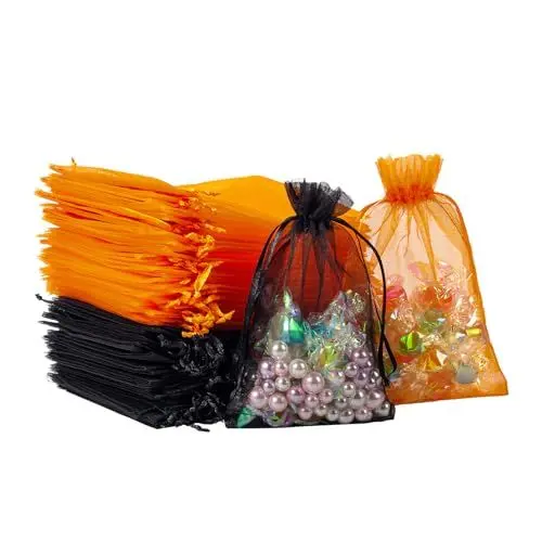 Produktbild: STARUBY 100 PCS Schwarz und Orange Organzasäcke 10 x 15 cm 2 Arten von Farbe Organzabeutel Geschenkbeutel Kordelzug Geschenkbeutel Mesh Bag für Hochzeit Halloween Party Schmuck Süßigkeiten Tasche