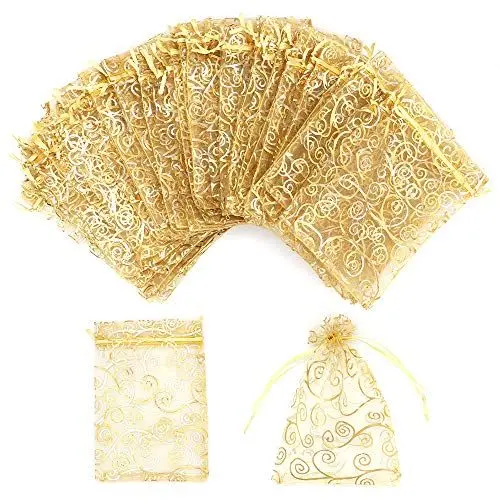 Produktbild: STARUBY 100 Stück Goldener Organzasäckchen 10x15cm Druck Organzabeutel Säckchen Geschenkbeutel KordelzugGeschenkbeutel Mesh Beutel für Hochzeitsfeier Hochzeit Schmuck Süssigkeit Beutel