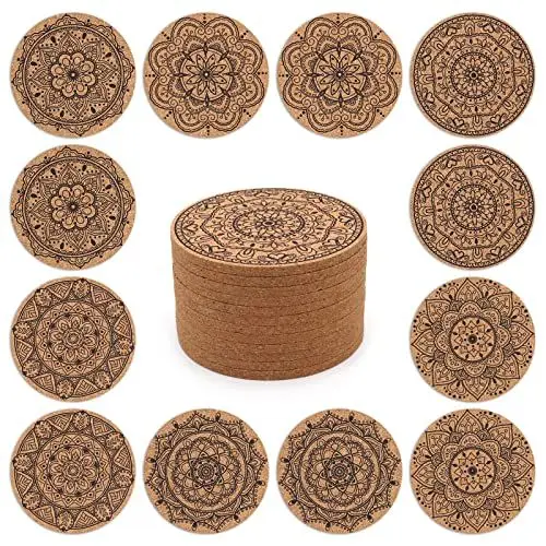Produktbild: STARUBY 12 Stück Untersetzern Indisches Blumenmuster Korkuntersetzer 10 cm runde Getränkeuntersetzer geeignet für Esstisch Bar Kaffeebar Dekoration als Geschenk