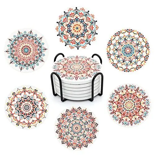 Produktbild: STARUBY 6 Stücke Blumen Muster Untersetzer Set mit Halter,Durchmesser 10,3 cm Saugfähige Keramische Korkboden Untersetzer,für Bierkneipen Tassen Vasen Kerzen Drinks Tischuntersetzer Geschenke