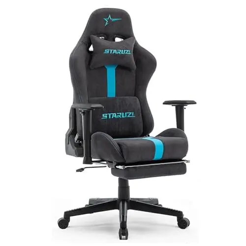 Produktbild: STARUZI Ergonomischer Gaming Stuhl aus Wildlederimitat Stoff, Gamer PC Stuhl mit Fußstütze, Atmungsaktiver Game Chair mit Verstellbaren Rückenlehne, Grau-Blau