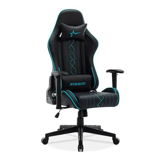 Produktbild: STARUZI Gaming Stuhl, Gaming Stuhl Ergonomisch, Hohe Rückenlehne Gaming Stuhl/Bürostuhl mit verstellbare Lendenkissen, Kopfkissen und Armlehnen, Gaming Stuhl 150 kg Belastbarkeit, Schwarz Blau.