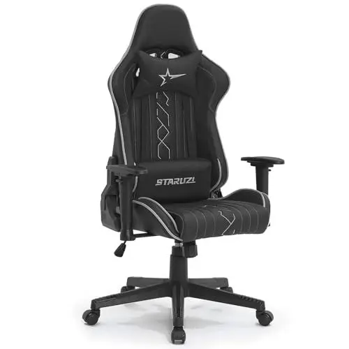 Produktbild: STARUZI Gaming Stuhl, Ergonomisch, Hohe Rückenlehne, verstellbares Lendenkissen, Kopfkissen, Armlehnen, 150 kg Belastbarkeit, Schwarz Grau