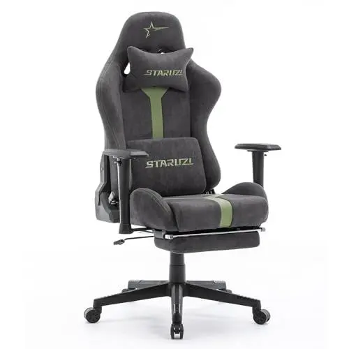 Produktbild: STARUZI Gaming Stuhl aus Wildlederimitat Stoff, Ergonomischer PC Stuhl, Gamer Stuhl mit Fußstütze, Atmungsaktiver Game Drehsessel mit Verstellbare Armlehne, Grau-Grün
