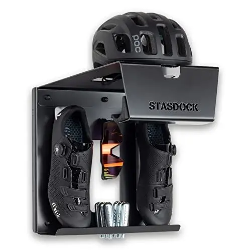 Produktbild: Stasdock Fahrrad Wandhalterung - Rennrad Halterung Wand Träger (Happy Black) Fahrradträger für Zuhause - Fahrradwandhalter auch für Helm Patronen und Schuhen