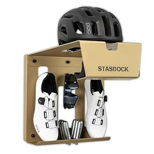 Produktbild: Stasdock Fahrrad Wandhalterung - Rennrad Halterung Wand Träger (New Gold) Fahrradträger für Zuhause - Fahrradwandhalter auch für Helm Patronen und Schuhen
