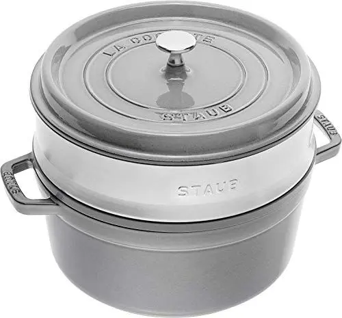 Produktbild: STAUB Gusseisen Bräter/Cocotte mit Dämpfeinsatz, Rund 26 cm, 5,2 L, Aromaregen Funktion, Für alle Herdarten geeignet, Graphitgrau