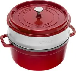 Produktbild: STAUB Gusseisen Bräter/Cocotte, mit Dämpfeinsatz aus Edelstahl, Rund 26 cm, 5,2 L, Aromaregen Funktion für optimale Befeuchtung, Für alle Herdarten inkl. Induktion & Backofen, Kirschrot, Rot