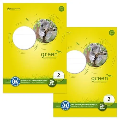 Produktbild: Staufen Green Arbeitsblätterblock - DIN A4, Lineatur 2 (4/4/4 mm liniert, farbig hinterlegte Lineatur), 2 Blöcke je 50 Blatt, 4-fach Lochung, 80 g/m² Recyclingpapier