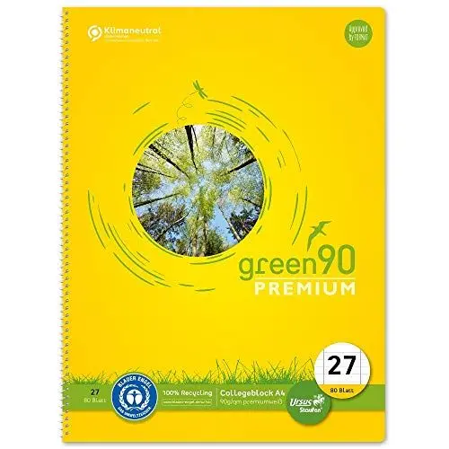 Produktbild: Staufen Green Collegeblock - DIN A4, Lineatur 27 (liniert mit Randlinien), 80 Blatt, 4-fach Lochung, premiumweißes 90g/m² Recyclingpapier, 1 Stück