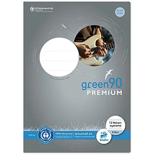 Produktbild: Staufen Green Notenheft - DIN A4, 12 Notensystem, 8 Blatt, premiumweißes 90g/m² Recyclingpapier, runde Ecken verhindern „Eselsohren“, 1 Stück