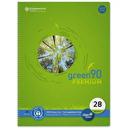 Produktbild: Staufen premio Collegeblock - 1 Block, 80 Blatt, DIN A4, Lineatur 28 (kariert mit Randlinien), 4-fach Lochung, 90 g/m² Recyclingpapier