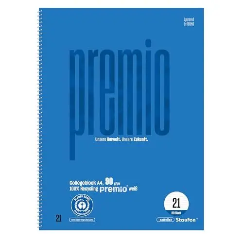 Produktbild: Staufen premio Collegeblock - 2 Blöcke je 80 Blatt, DIN A4, Lineatur 21 (9 mm liniert), 4-fach Lochung, 90 g/m² Recyclingpapier