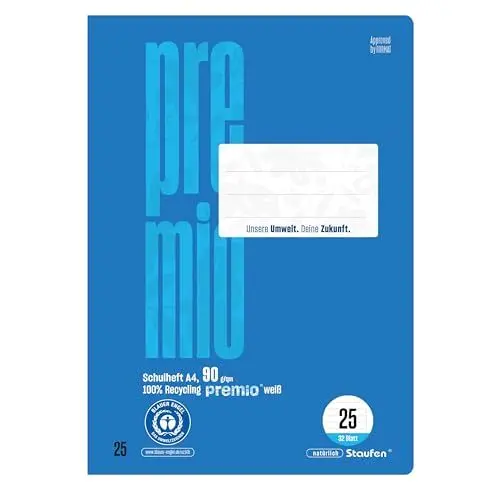 Produktbild: Staufen premio Schulheft - 2 Hefte je 32 Blatt, DIN A4, Lineatur 25 (liniert mit Rand), 90 g/m² Recyclingpapier, runde Ecken verhindern „Eselsohren“
