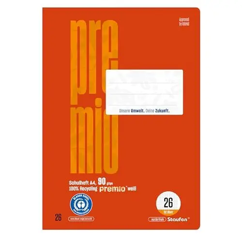 Produktbild: Staufen premio Schulheft - 2 Hefte je 32 Blatt, DIN A4, Lineatur 26 (kariert mit Rand), 90 g/m² Recyclingpapier, runde Ecken verhindern „Eselsohren“