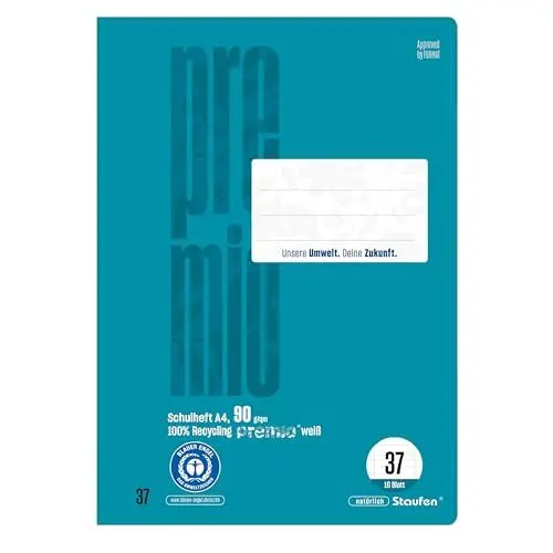 Produktbild: Staufen premio Schulheft - 4 Hefte je 16 Blatt, DIN A4, Lineatur 37 (9mm liniert, Rand perforiert), 90 g/m² Recyclingpapier, runde Ecken verhindern „Eselsohren“