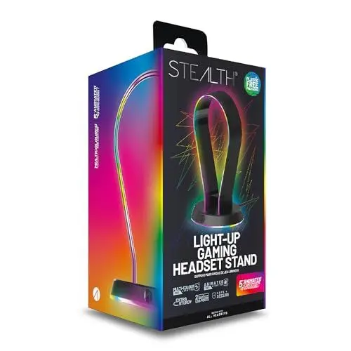 Produktbild: Stealth LED Light Up Gaming Headset Ständer in Schwarz für PS4, PS5, Xbox, Switch und PC - USB-betrieben mit Aufbewahrungsbasis und 12 RGB Beleuchtungsmodi