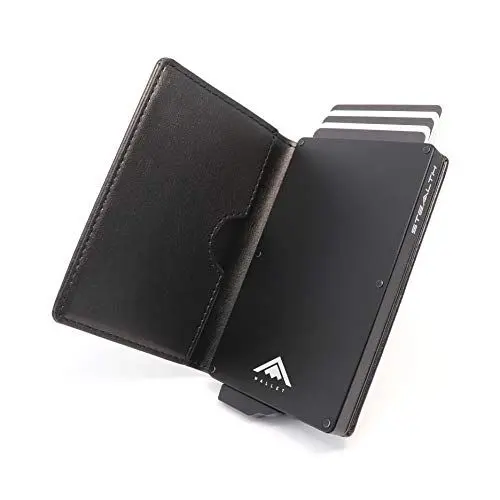Produktbild: Stealth Wallet RFID Kartenportmonai Herren - Minimalistische Pop-Up-Portemonnaies mit Geschenkbox - Leichte Metall-Kreditkartenhalter für Männer (Schwarzes Aluminium, Schwarzes Leder)