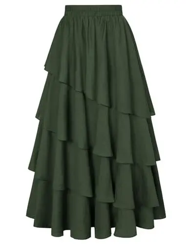 Produktbild: Gothic Lange Röcke für Damen Cosplay Rockabilly Party Fairy Hexen Faltenrock Armeegrün XL