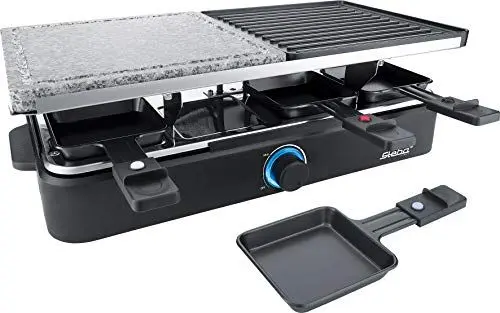 Produktbild: Steba 63-18-00 Multi-Raclette RC 18 | Hochwertige Natursteingrillplatte | Wendbare Grillplatte | 8 antihaftbeschichtete Pfännchen | 8 Pfännchenschaber | 1,8 m Anschlusskabel | 1400 Watt, Schwarz