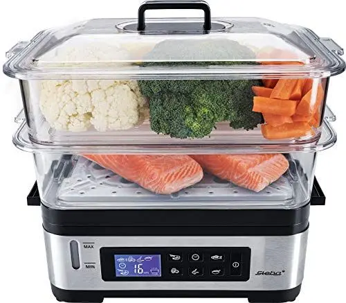 Produktbild: Steba DG 2 Elektronischer Dampfgarer, variabler Garraum (3 - 6 Liter), BPA-frei, inkl. Reiseinsatz, LCD-Display mit 5 Automatikprogrammen, 30 Min Timer mit Signalton und Endabschaltung